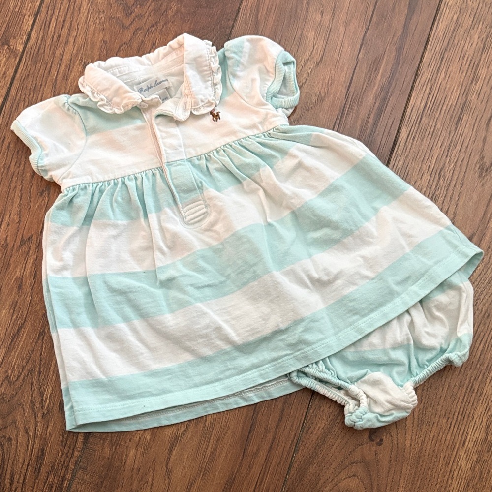 Ralph Lauren Mint and White Striped Baby Dress Set